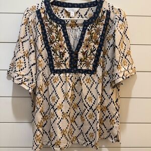 Market & Spruce Cream and Blue Embroidered Blouse